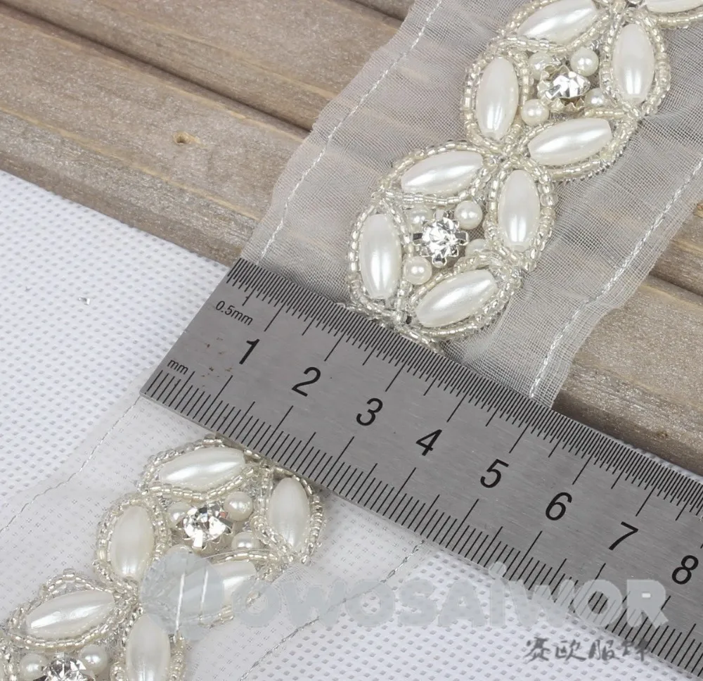 Imitation Pearl Rhinestones Lace Beaded Trim Lace Crystal Applique patch for Dress LO10026