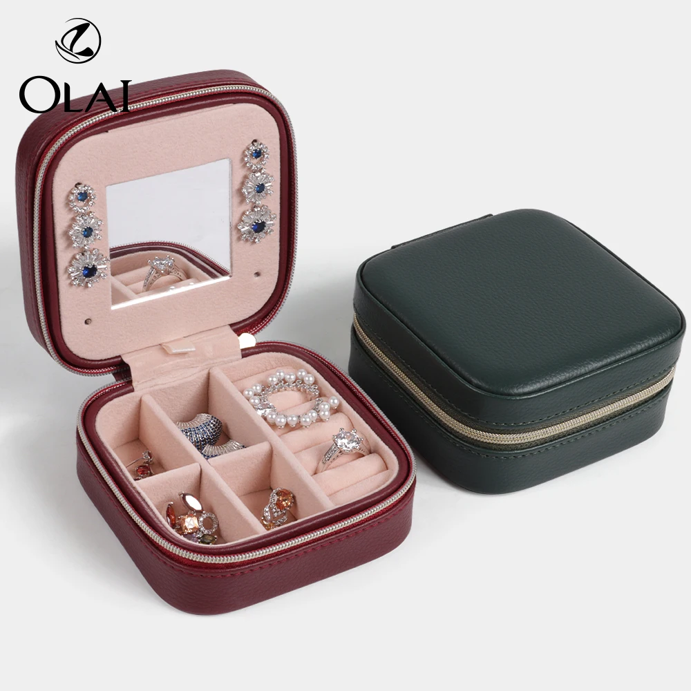 Retro Red Green PU Leather Small Jewelry Organizer Mirror Ring Earring Jewellery Travel Case