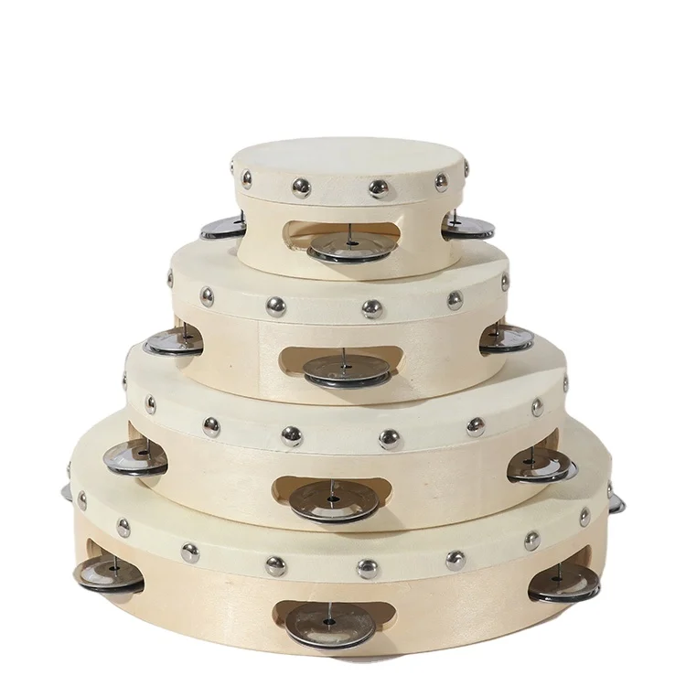 High quality wooden musical instrument toy Hand-held drum with sheepskin tambourines