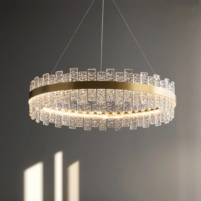 French Minimalist Crystal Round Designer Hanging Lamps High Ceiling Chandelier Metal Pendant Linear Light