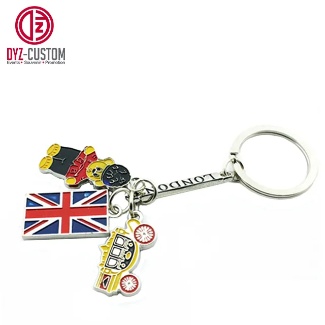 London Souvenir Metal Keychain Red Bus Telephone Box and Union Jack Charms Durable Zinc Alloy Keyring for Keys