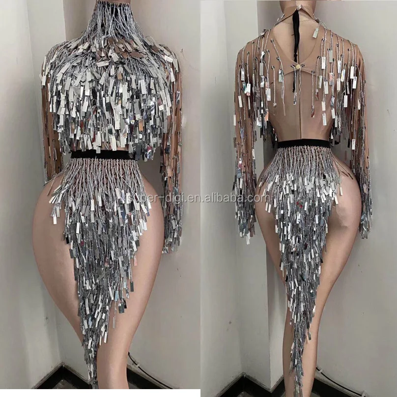 Flashing Silver Sequins Fringe Dress Women Dancer Costumes Nightclub DS Show Outfit Birthday Celebrity Dresses Stage Wear