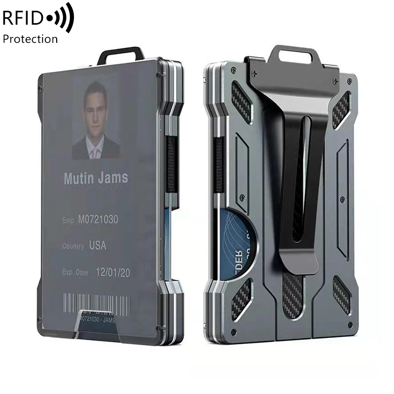 2024 Amazon New Work Permit Card Case Transparent Work Card RFID Anti theft Brushing Aluminum Alloy Money Clip Clip Smart Wallet