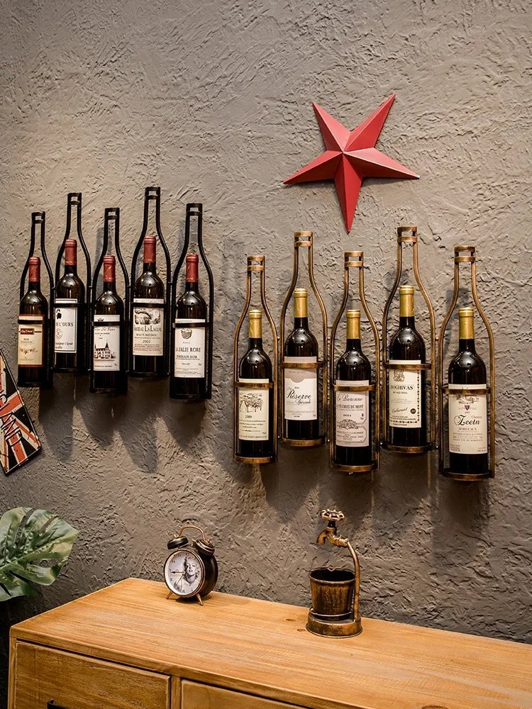 Retro industrial style wine rack iron wall hanging bronze wine holder bar wall decoration 5 bottles black metal wine rack