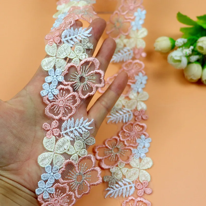 High Quality colorful flower 5cm embroidery  water soluble Lace Trim Polyester tulle Lace ribbon  Mesh Fabric for dress DL01