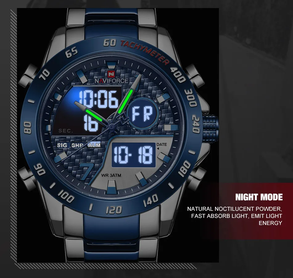 Часы мужские кварцевые NAVIFORCE 9171 спортивные из нержавеющей стали с двойным циферблатом углеродного волокна цифровые Роскошные 2022