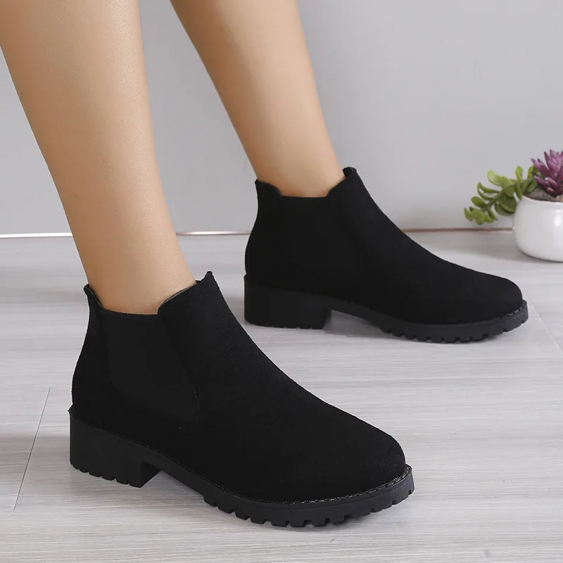2024 Fall winter elegant suede comfy shoes chunky low Heel Classic simple design boots Women round Toe retro Ankle Boots