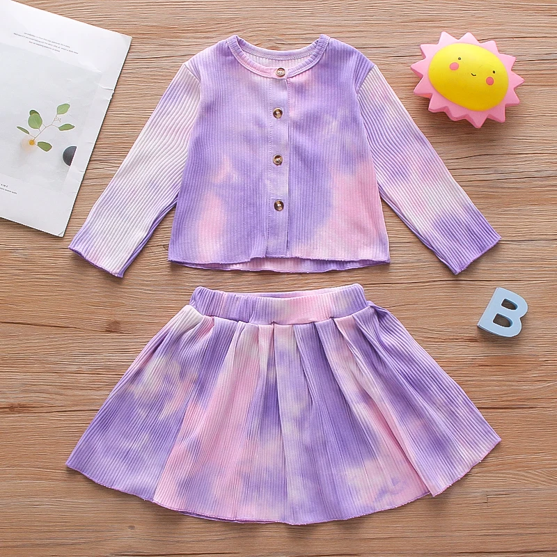 Baby Girl Knitted Ribbed Outfits Tie dye Long Sleeve Top Shirt+ pleated skirt 2PCS Fall Winter Clothes Set Kids Clothing