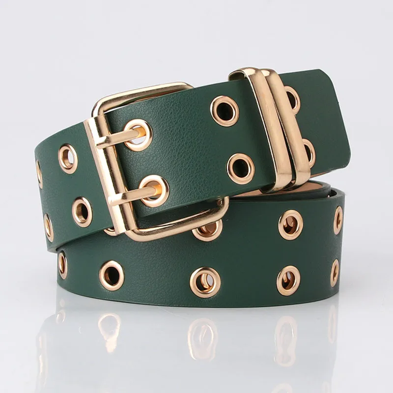 New Design Wide Waistband Double Grommet Hole Buckle Leather Belt Female Male Waist Strap Belts for Women Men Jeans
