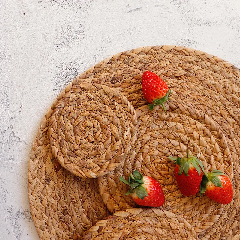 Boho Natural White Brown Round Oval Rectangle Scallop Water Hyacinth Hand Straw Woven Rattan Kitchen Placemats Coaster Large