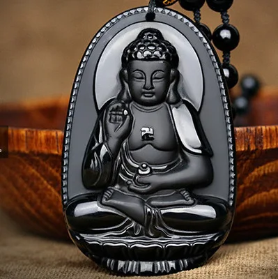 Women Men Long Necklace Chain Jewelry Buddha Black Obsidian Necklace Carved Buddha Lucky Amulet Pendant Necklace