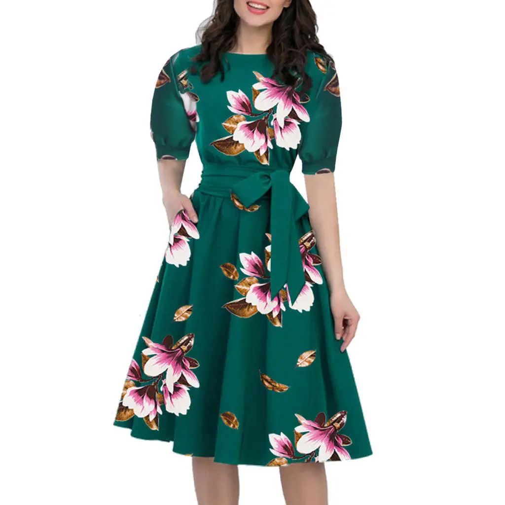 Floral Print Vintage Dress Women Spring Style Half Sleeve Big Swing Party Dresses women ladies elegant Casual Dress