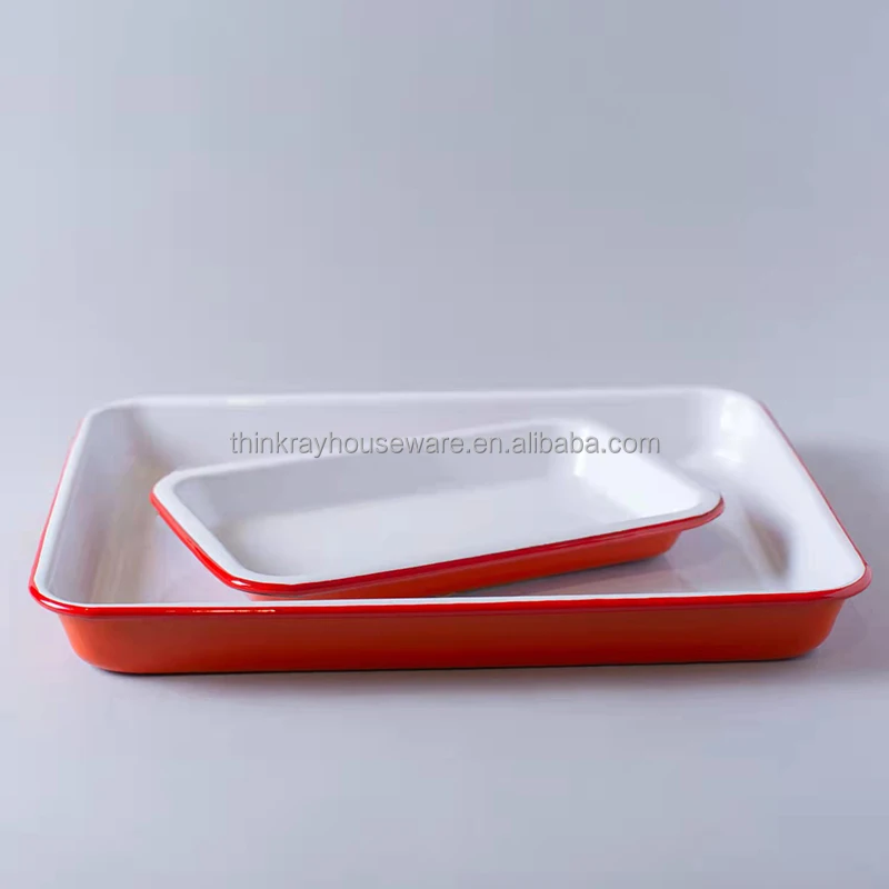2022 High Quality Square Shape Enamel Serving Tray With Blue/Red/Black Color Rim For Restaurant Enamel Food Tray