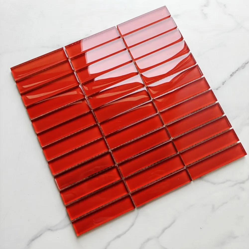 Top quality China red color Kitkat Strip shape crystal glass mosaic tile for backsplash kitchen wall