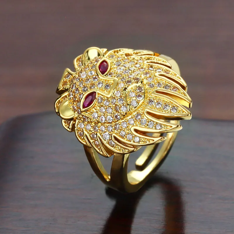 ZPZ Luxury 18K Gold Plated Full Diamond Lion Head Open Rings Crystal Rhinestone Pink Eye Lion Rings