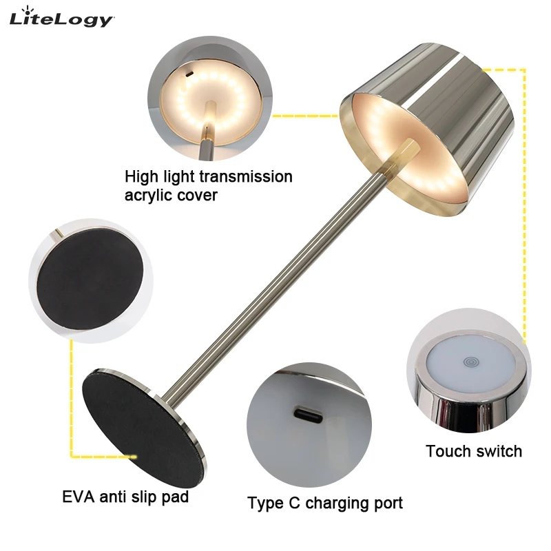 High Quality Battery Restaurant Decor luxury hotel Portable Rechargeable Electroplating Nickel Touch LED Table Lamp Cordless