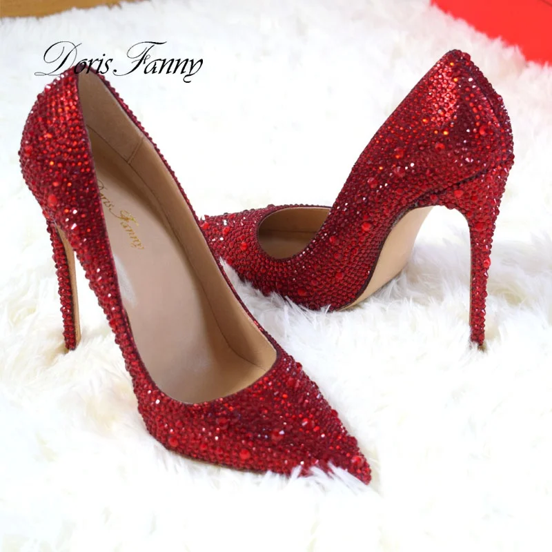 Wholesale Pointed Toe Stiletto Shoes Woman Red Crystals Wedding Shoes Bride Sexy Party High Heels Pumps For Women
