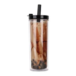 OEM Straight Clear Double Wall Reusable Boba Tumbler Cups 20 Oz Skinny Bubble Tea Plastic Cups With Lids And Straws
