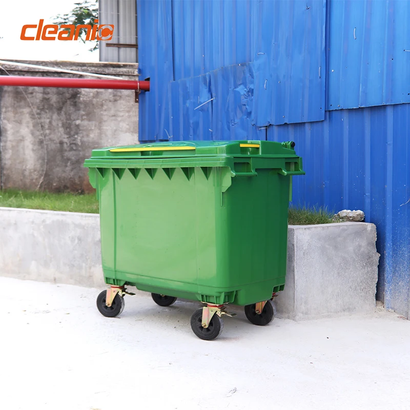 Custom logo 660 liter large capacity green color heavy duty solid plastic industrial trolley garbage bin with wheels