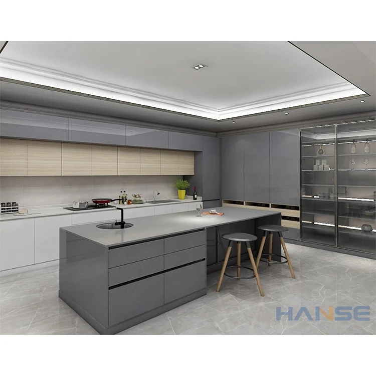 Modern gray color glossy mdf wood kitchen cabinets designs full set high gloss grey finish lacquer kitchen cabinet