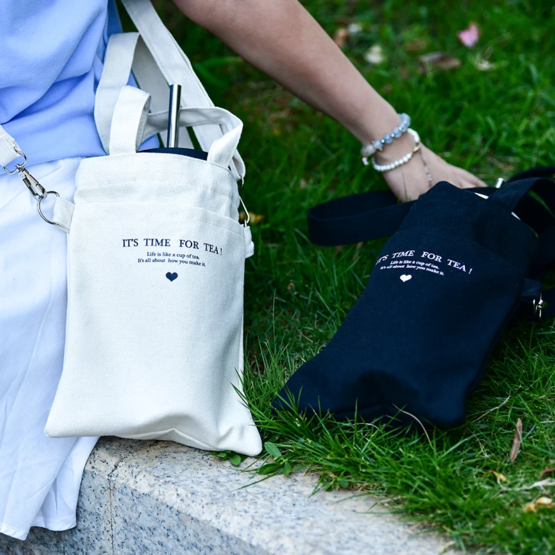 Portable Eco-friendly Minimalists Canvas Bag for Water Bottle with Long and Short Two shoulder strap for Cup and Carry-on items