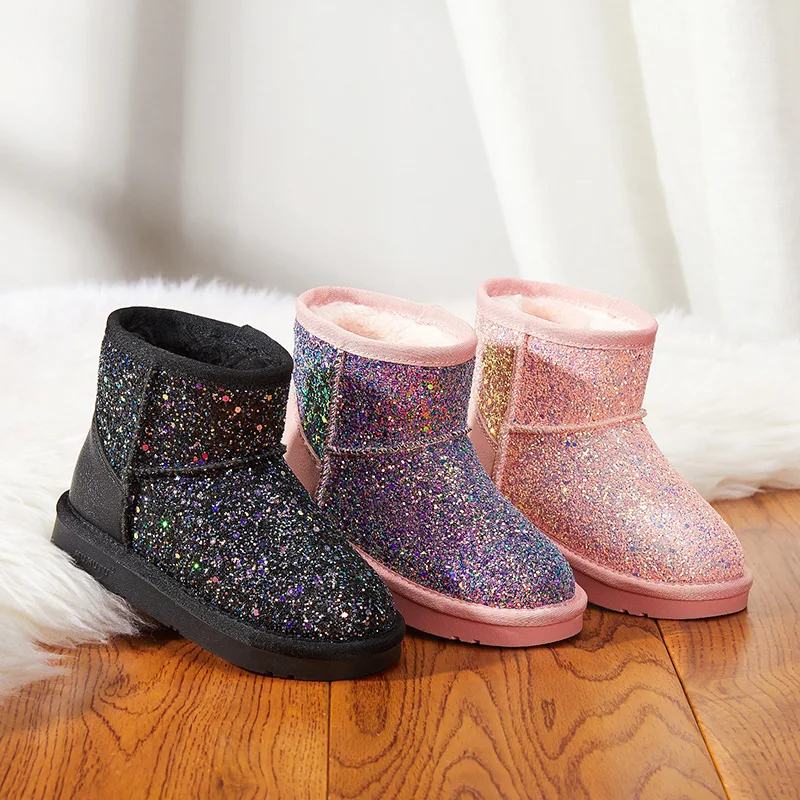 
wholesale winter children bling paillette boa shoes girls little kids shiny mid-calf snow boots 