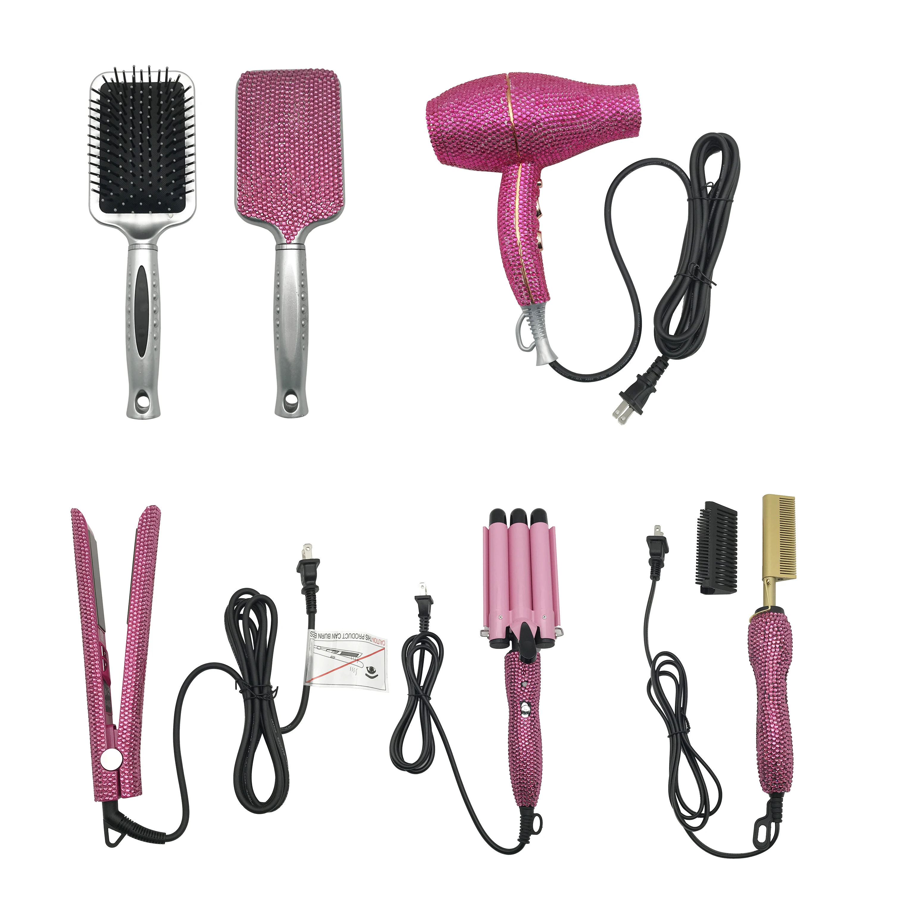 Crystal bling curling iron glitter hairdressing tool set flat iron and brush and dryer hot comb and crimp and 5 in1 curler Set
