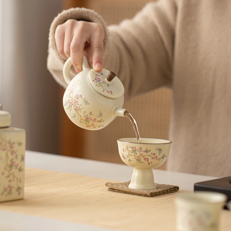 Traditional Chinese Wisteria Flower Ru Kiln Kung Fu Tea Set Ceramic Home Living Room Office Bowl Teapot with Gift Box Wholesale