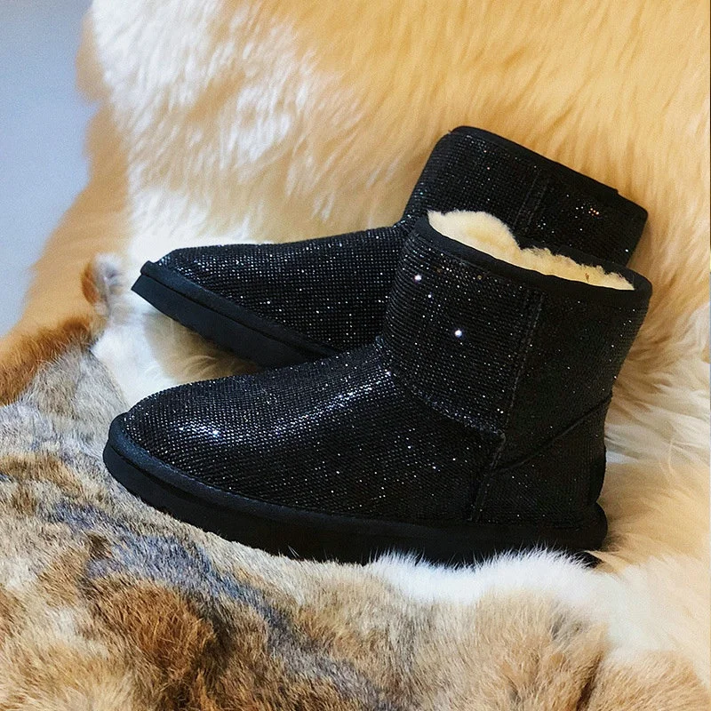 Handmade Crystal Warm Winter Boots Women Furry Snow Boots Bling Rhinestone Ankle Boots