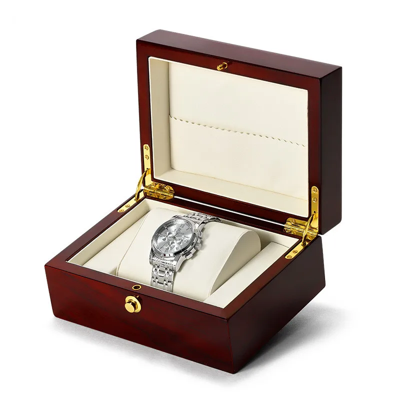 Custom Logo Luxury  1 Slot Lacquered Bamboo Antique Piano Finish Wooden Watch Box Gold Lock