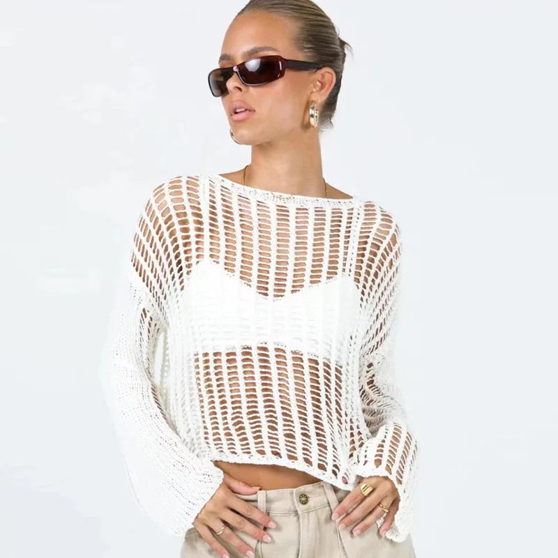 2024 Summer Cross-Border Knitted Sweater Personalized Sunscreen Blouse Solid Pattern Thin Long-Sleeved Top for Parties