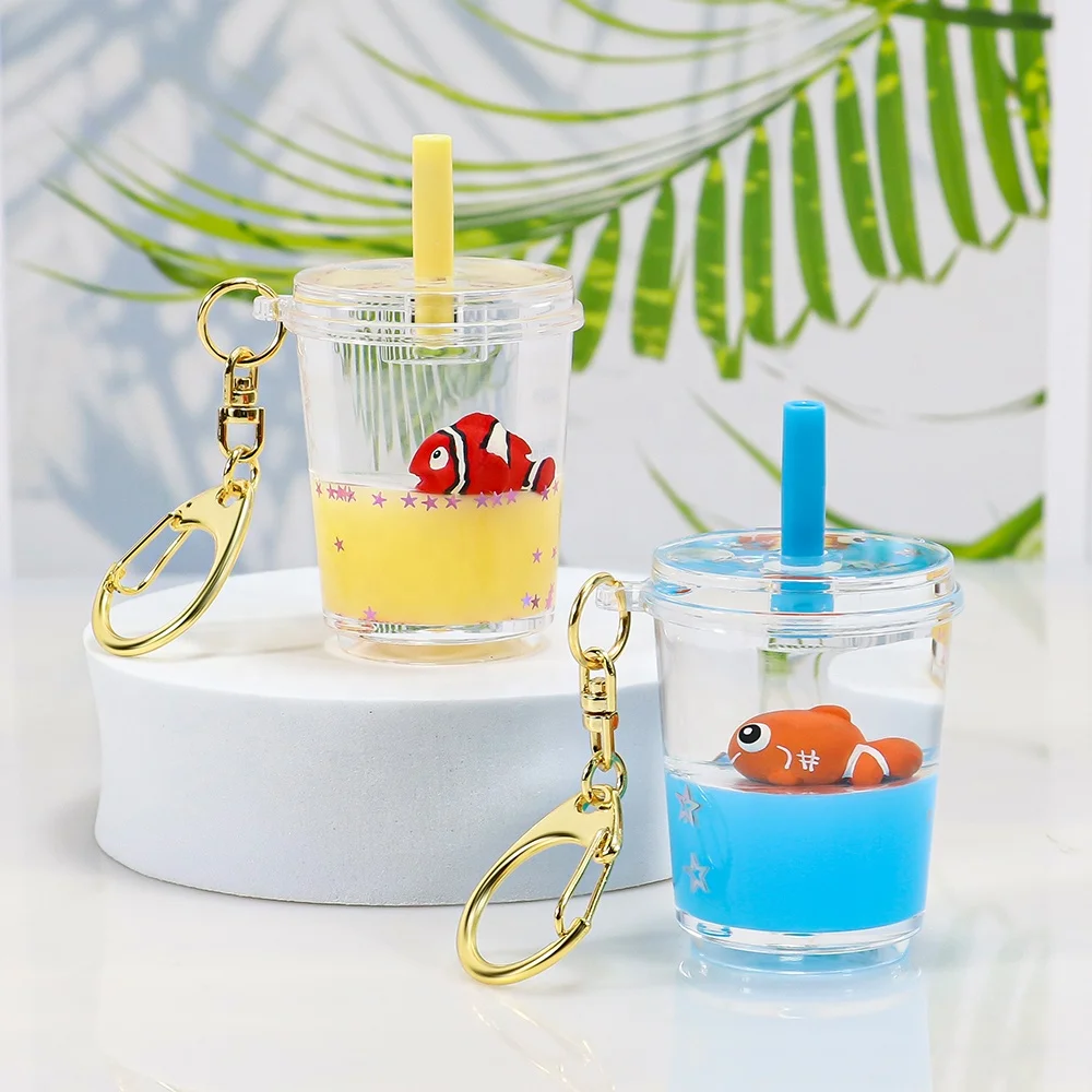 Custom Liquid Keychain Water Boba Aqua Key chain Floating Acrylic Animal Liquid Key Holder Bubble Milk Tea Cup Key Holder