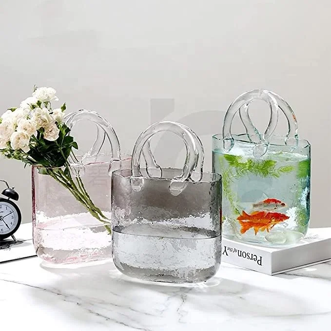 new Customized Professional Purse Vase For Flowers Transparent Glass Bag Vase Unique Handbag Flower Vase