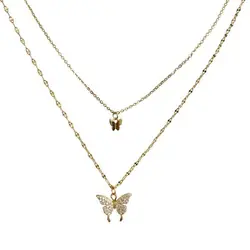 wholesale women rhinestone crystal butterfly necklace gold plated double layered ladies jewelry butterfly pendant necklace