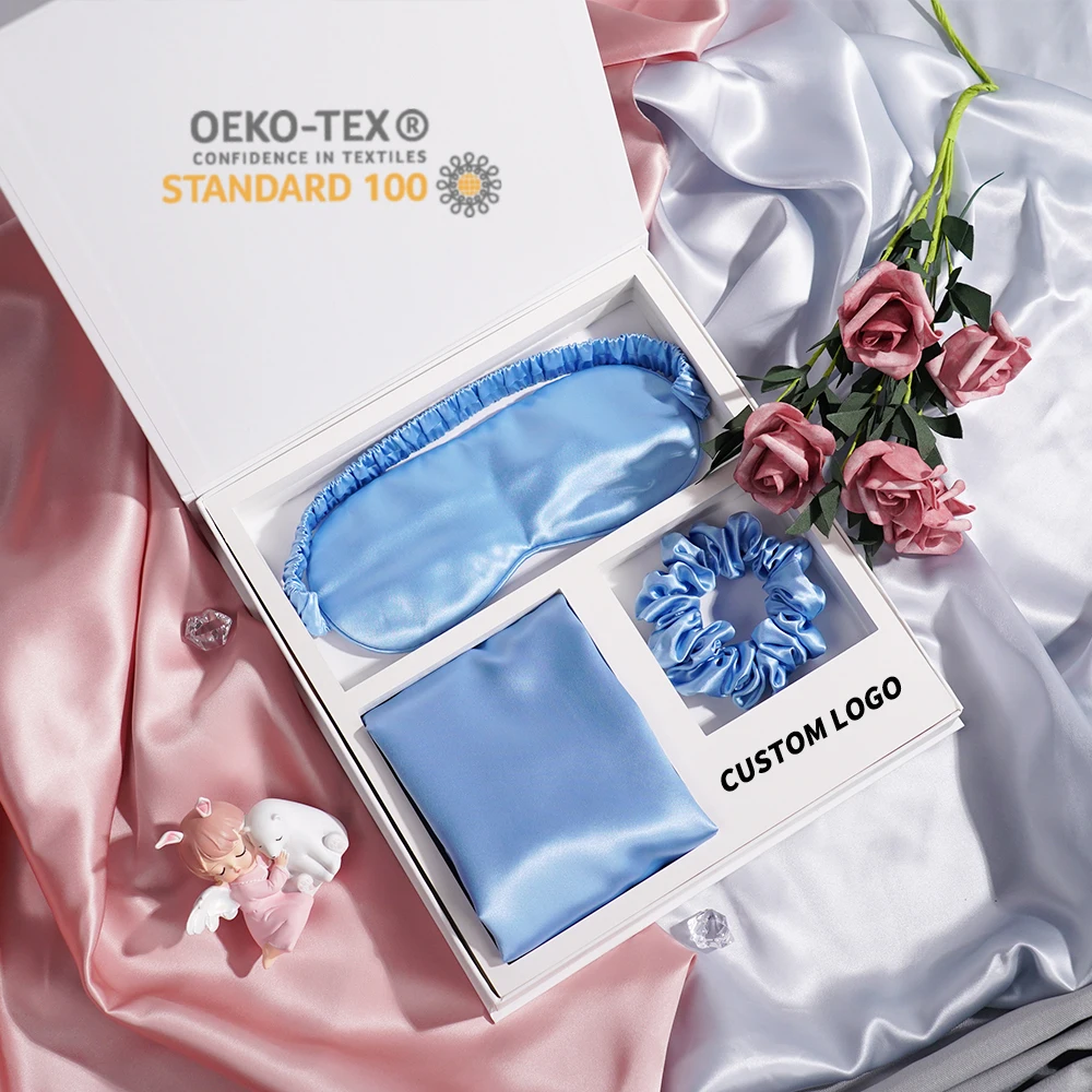 Wholesale Custom LOGO 100% mulberry silk pillow case set Luxury silk sleep eye mask and satin scrunchies