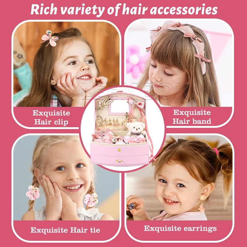 Leemook Custom 48Pcs Fashion Girls Hair Accessories Waterproof Exclusive Hairpin Rope Girls Makeup Box