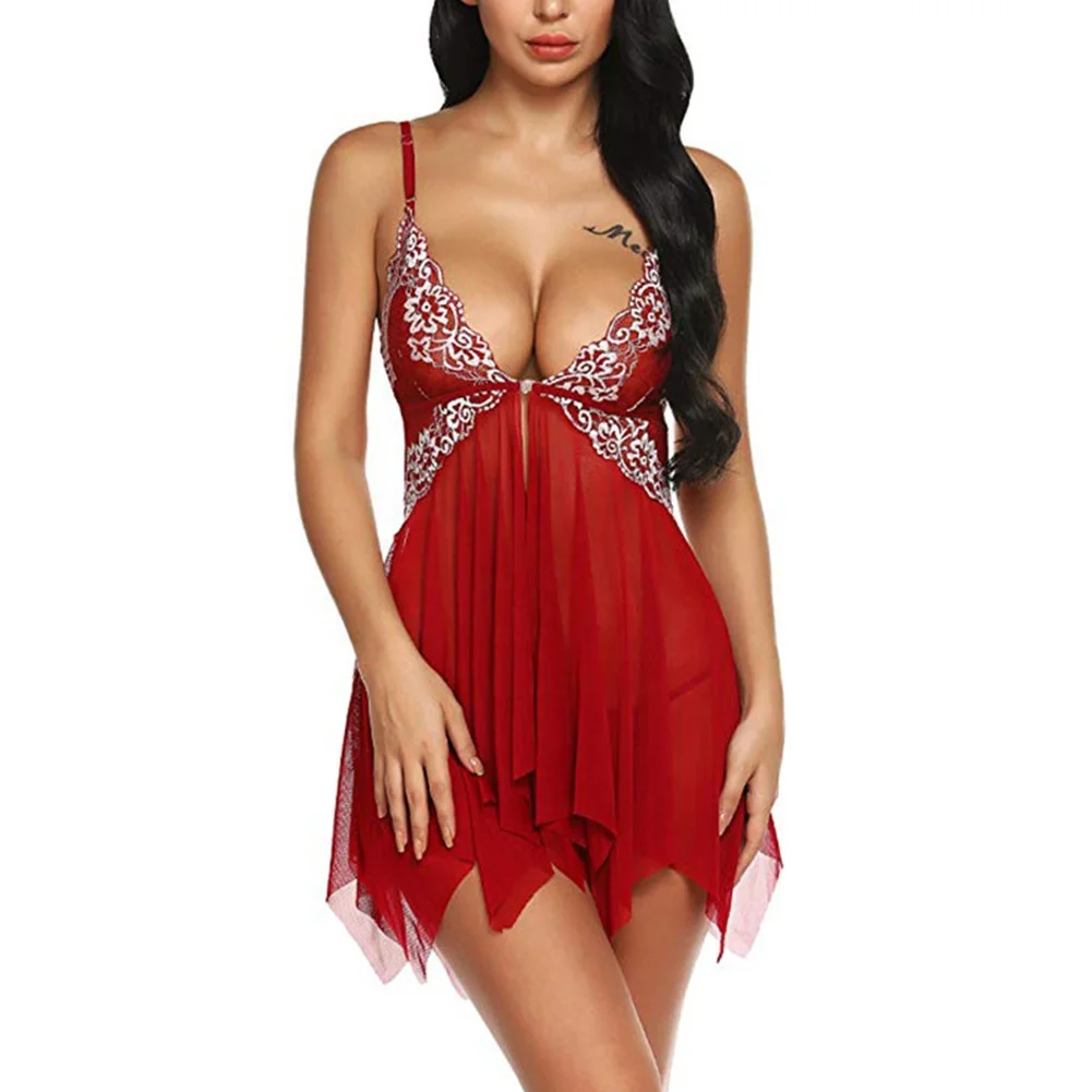 sfy1540 sexy ladies chemise deep V lace nightdress floral embroidery low-cut babydoll dress thongs sexy erotic female lingerie