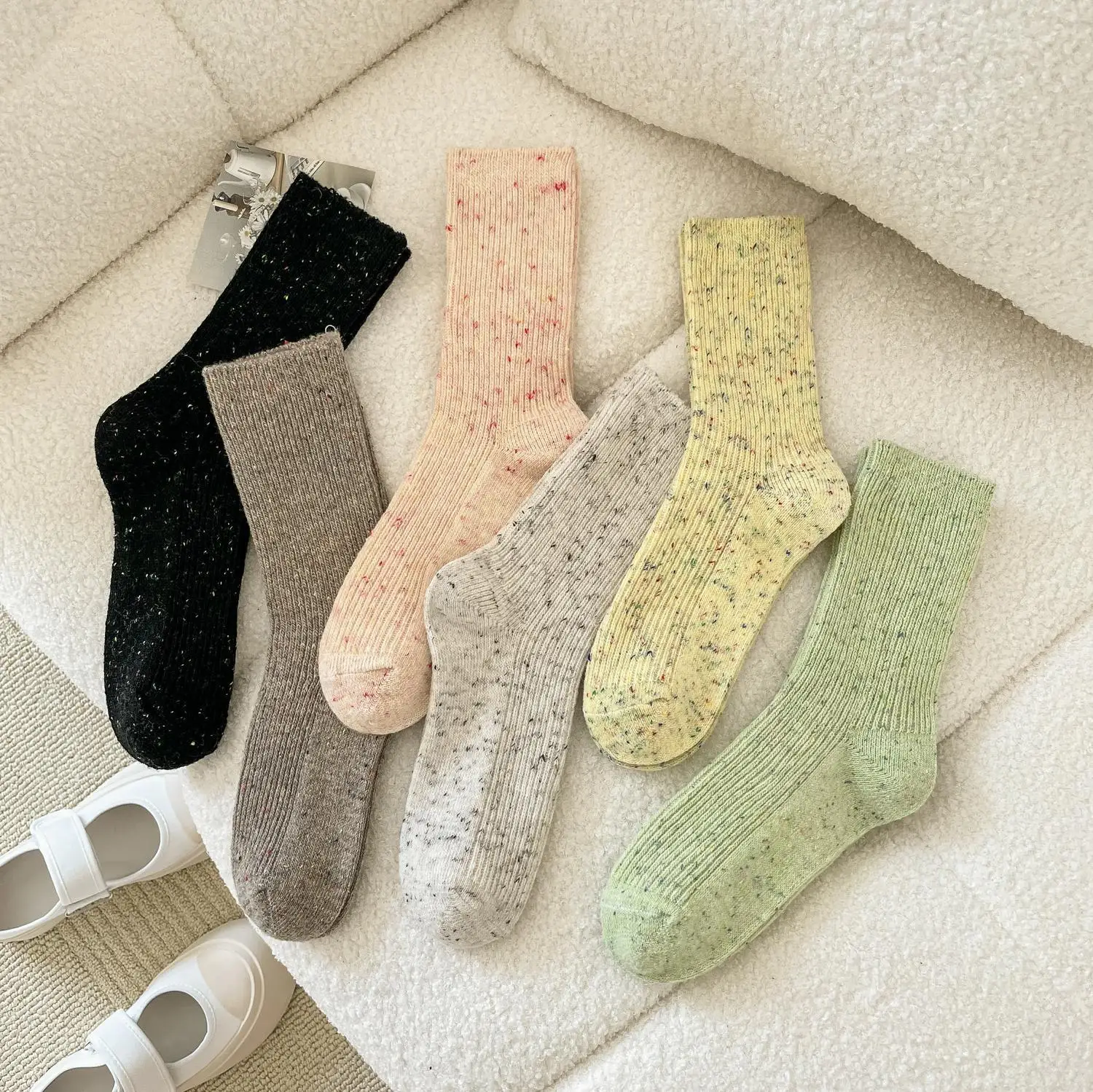 Cold Weather Women Gifts Footwear Fashion Special Woven Dots Blend Chunky Knit Warm Autumn Winter Thick Ribbed Cotton Crew Socks