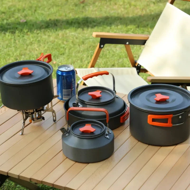 Outdoor camping Portable non-stick anodized aluminum cookware set camping pot cookware set for  hiking outdoor cooking