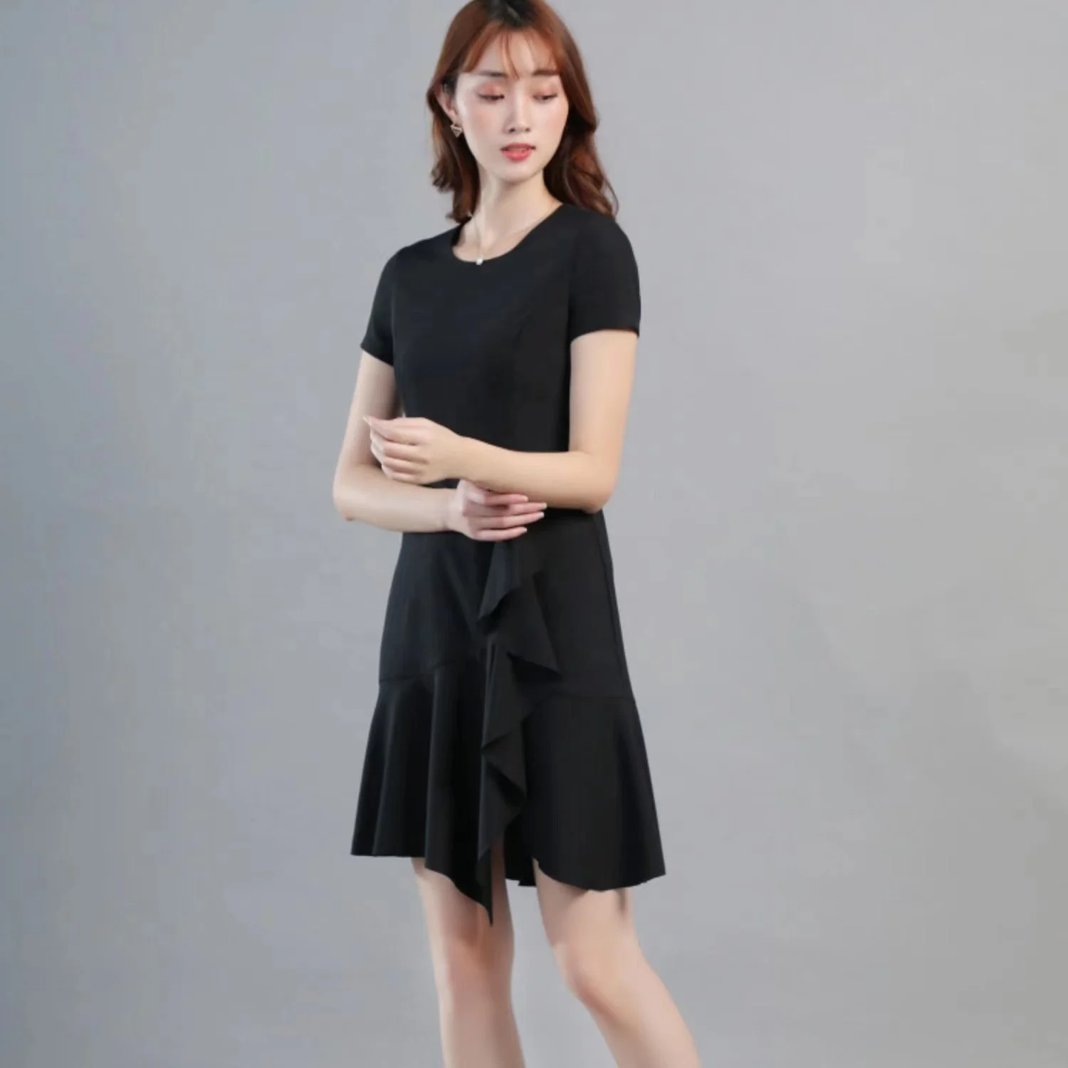 ODM Wholesale Latest Design Casual Black Dress Ladies Fashion Office Wear Midi Dress Women Short Sleeve Asymmetrical Dress