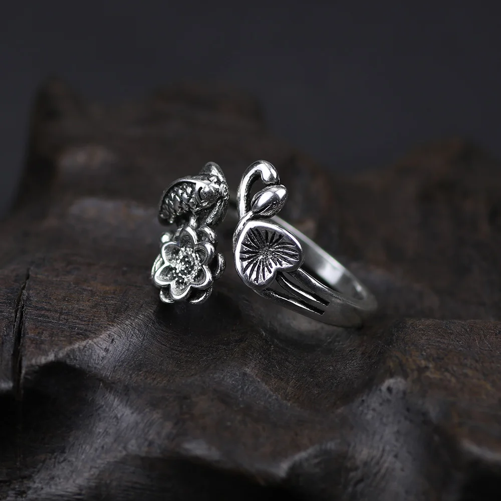 Authentic 925 Sterling Silver Fish And Lotus Flowers Rings For Women Adjustable Vintage Jewelry Aneis Feminino