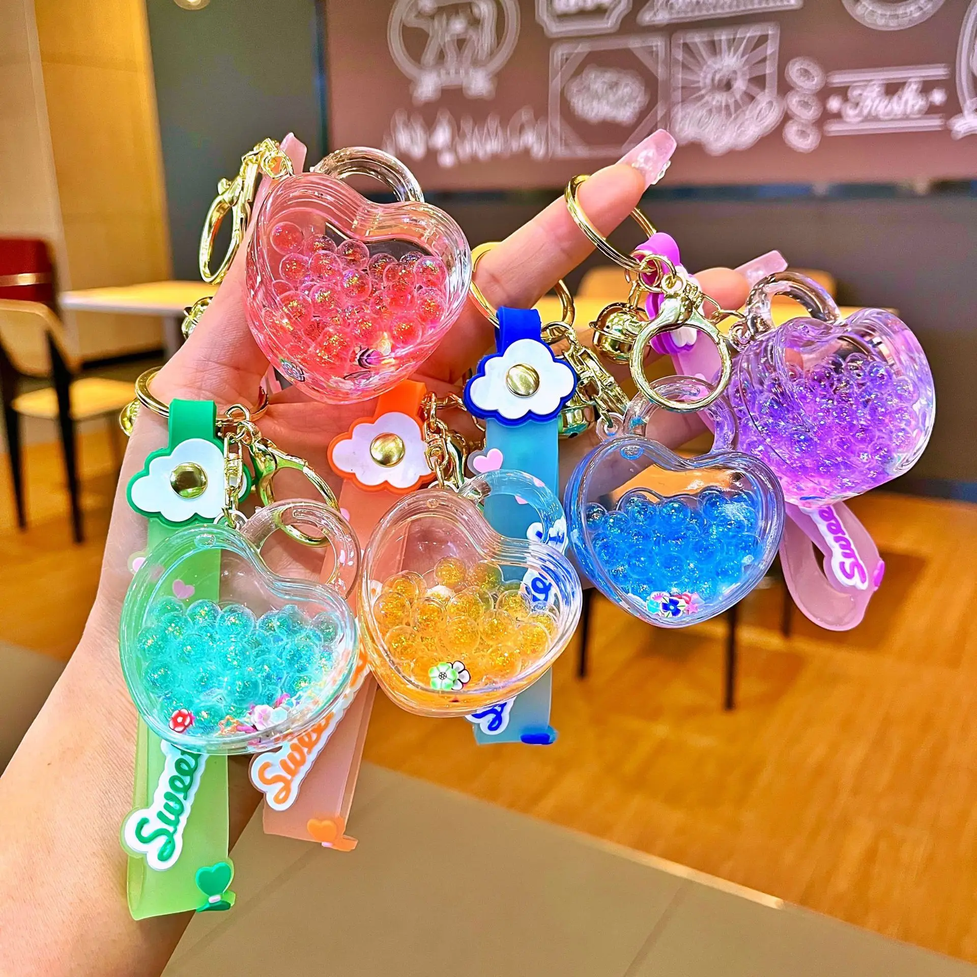 Kawaii Liquid Bottle Bubble Bead Car Pendant Creative Oil Liquid Floating Keychain Cute Love Lock Liquid Keychain