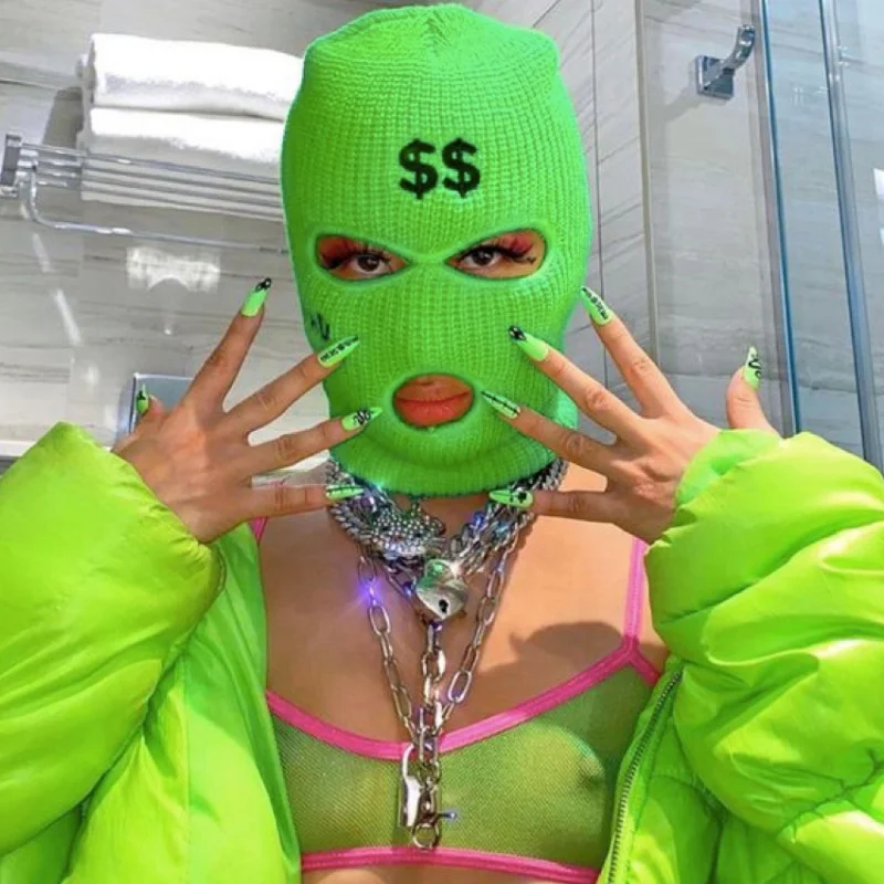 Custom Crochet Embroidery Face Neon Knit Balaclava Ski Mask 3 Hole Pasamontanas