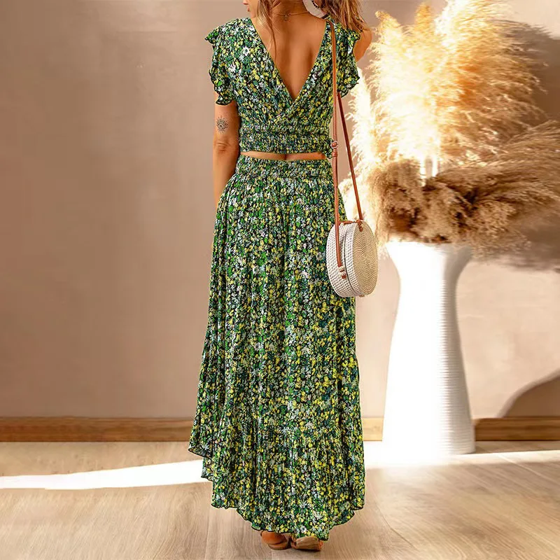 C CLOTHING Summer 2 Piece Maxi Skirt And Short Sleeve Peplum Top Set For Women