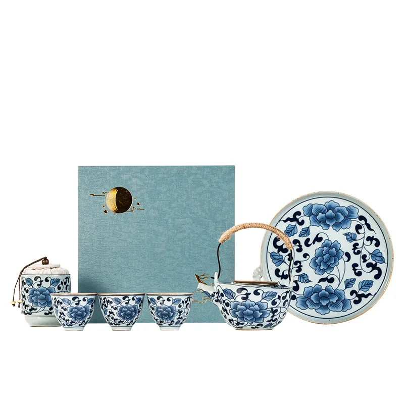 Japanese blue and white porcelain loop-handled teapot vintage ceramic teapot tea cup kung fu tea set Small set with bamboo tea t