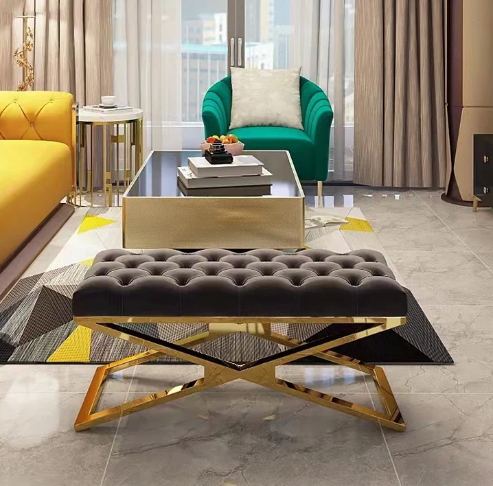 Luxury Living Room Bench Gold Stainless Steel Legs Leather Velvet Chairs Modern Salon Sofa Bed End Stool High-Density Sponge