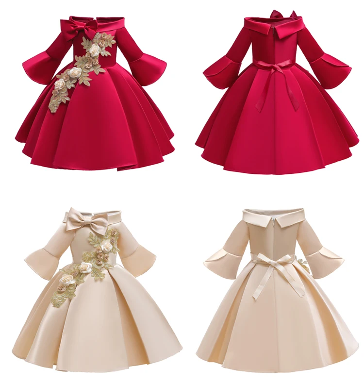Factory Wholesale Price Long Sleeve Girls Evening Wedding Dresses Prom Kids Girl  Flower Dresses Pink