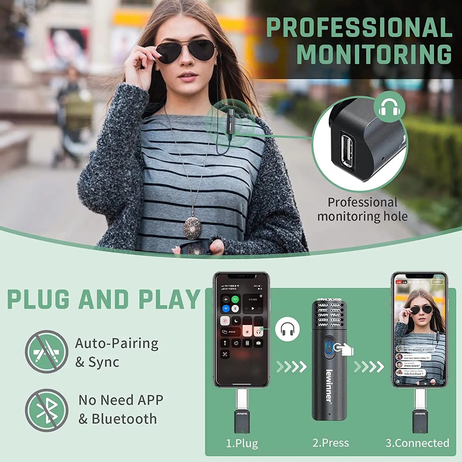 48KHz Wireless Microphone for Computer iPhone iPad Android Laptop Speaker Plug Play TikTok Vlog Zoom Noise Reduction Auto Sync