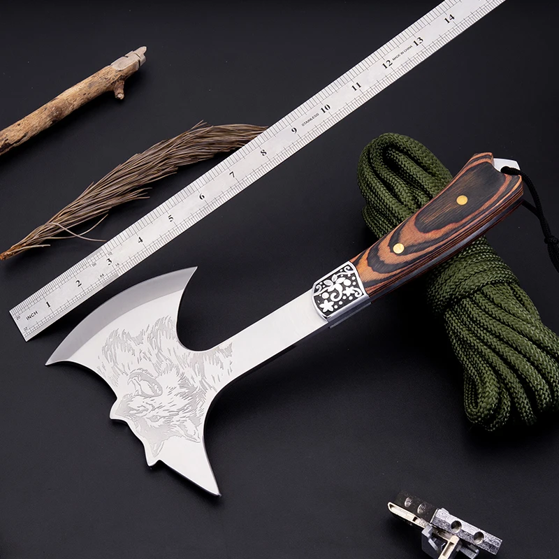 High quality forged handle wolf pattern survival hatchet outdoor camping axe with wood handle