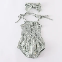 summer pink delicate baby girl infant jacquard cotton floral printing romper matching headband one-piece